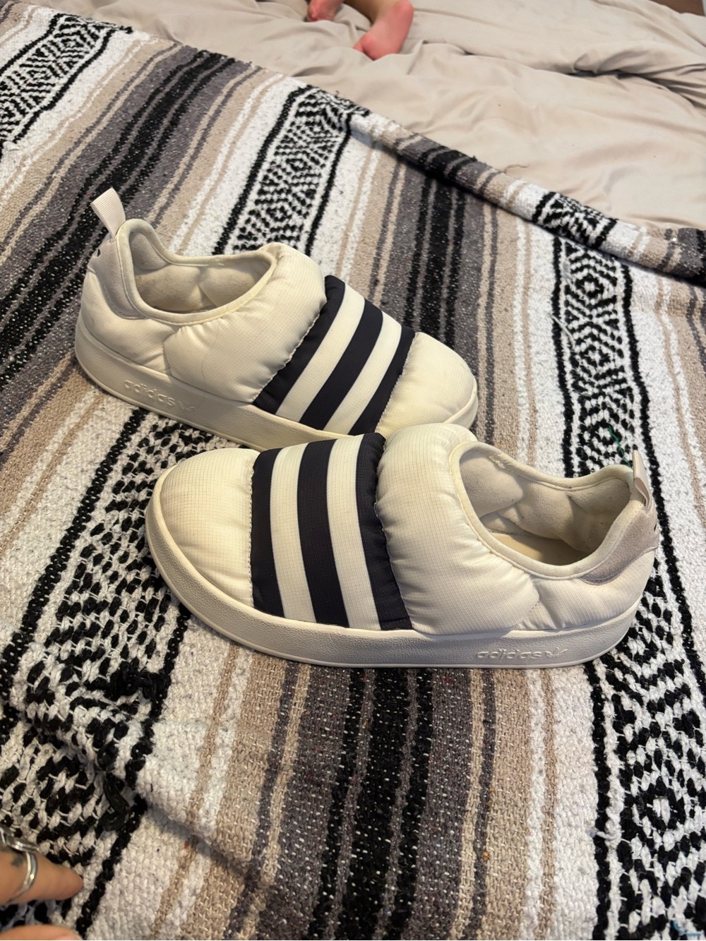 Adidas Cloudfoam Slip-On Sneakers in Off-White with Black Stripes